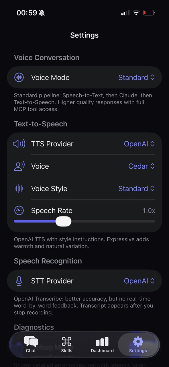 Meridiem Settings — voice config