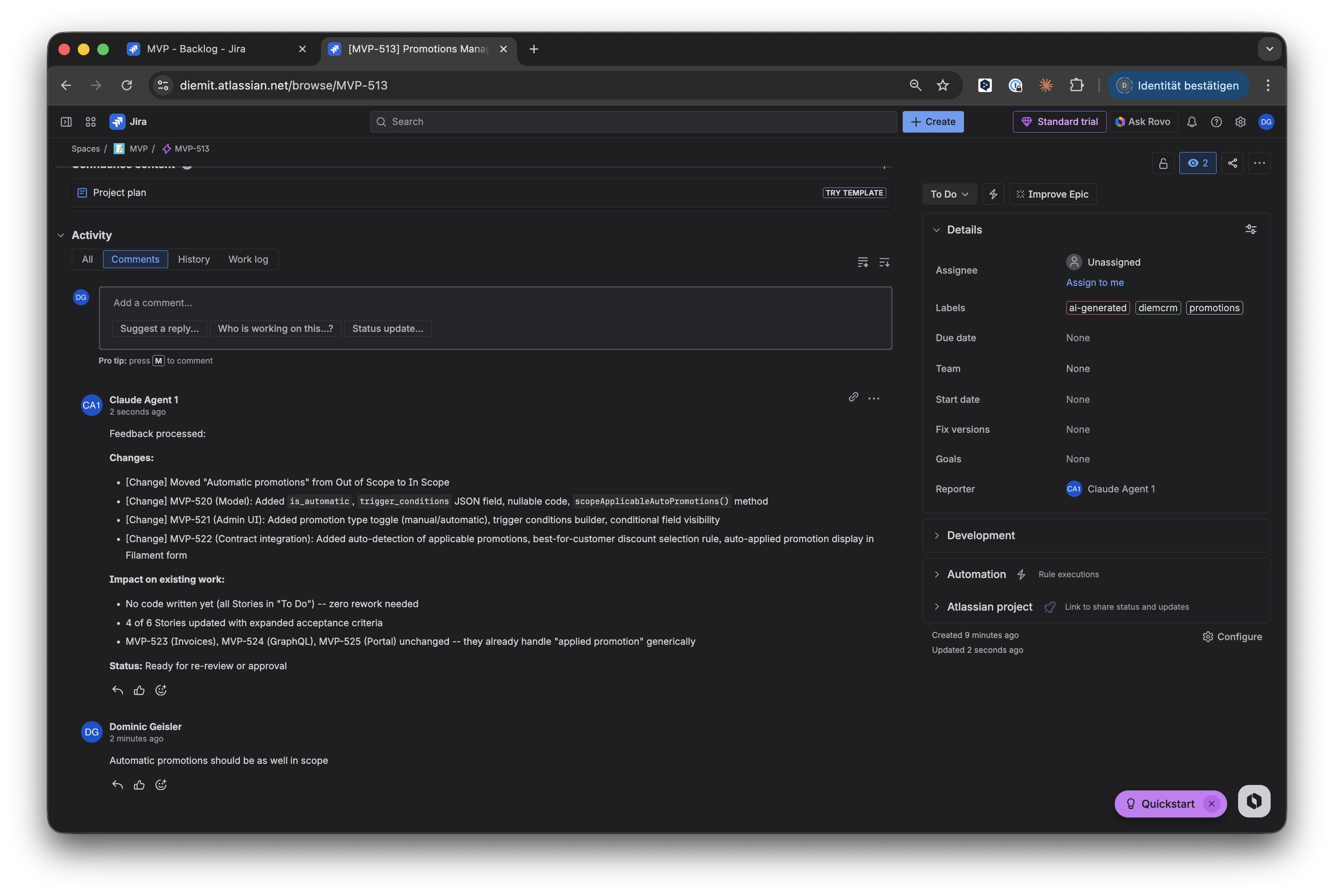 PO comments in Jira, AI processes feedback and adjusts plan